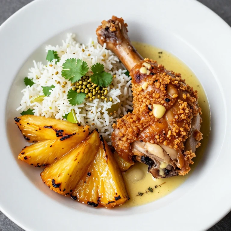 Roasted chicken thigh with caramelized pineapple wedges, lime-cilantro rice, and pepitas