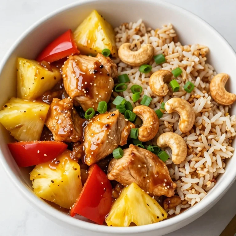 Ginger-soy pineapple chicken with cashews, bell peppers, and scallions over brown rice