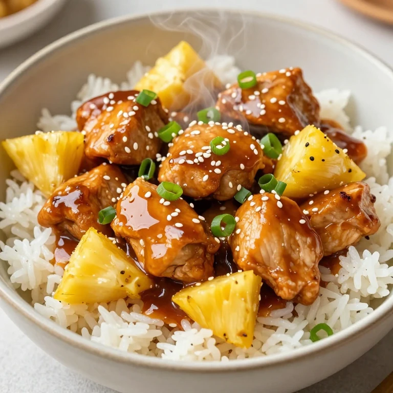 Teriyaki pineapple chicken bowl with glossy sauce, pineapple chunks, and sesame seeds over jasmine rice