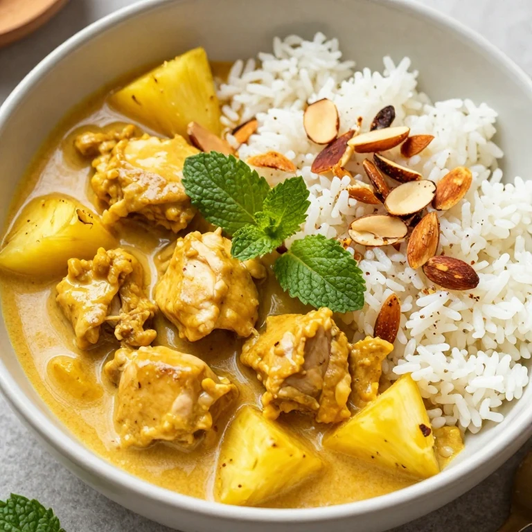 Coconut-pineapple chicken curry with toasted almonds and mint over jasmine rice