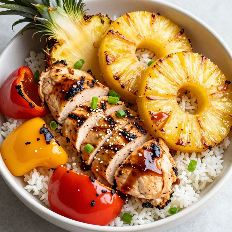 Grilled pineapple chicken with charred peppers, sesame seeds, and scallions over jasmine rice