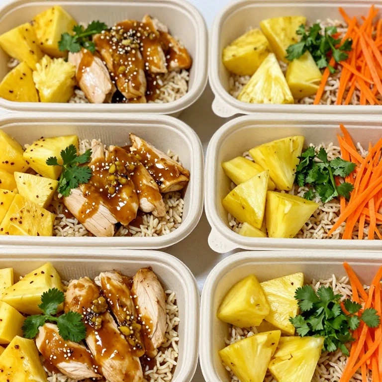 Pineapple-ginger chicken meal prep with carrots and cilantro over brown rice