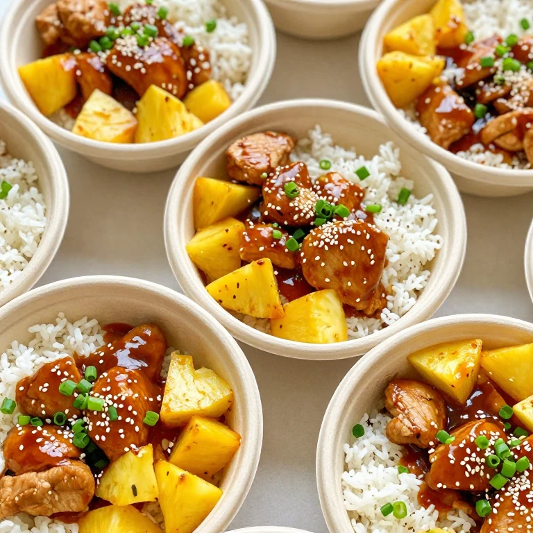 Meal prep teriyaki pineapple chicken bowls with sesame seeds and scallions over jasmine rice