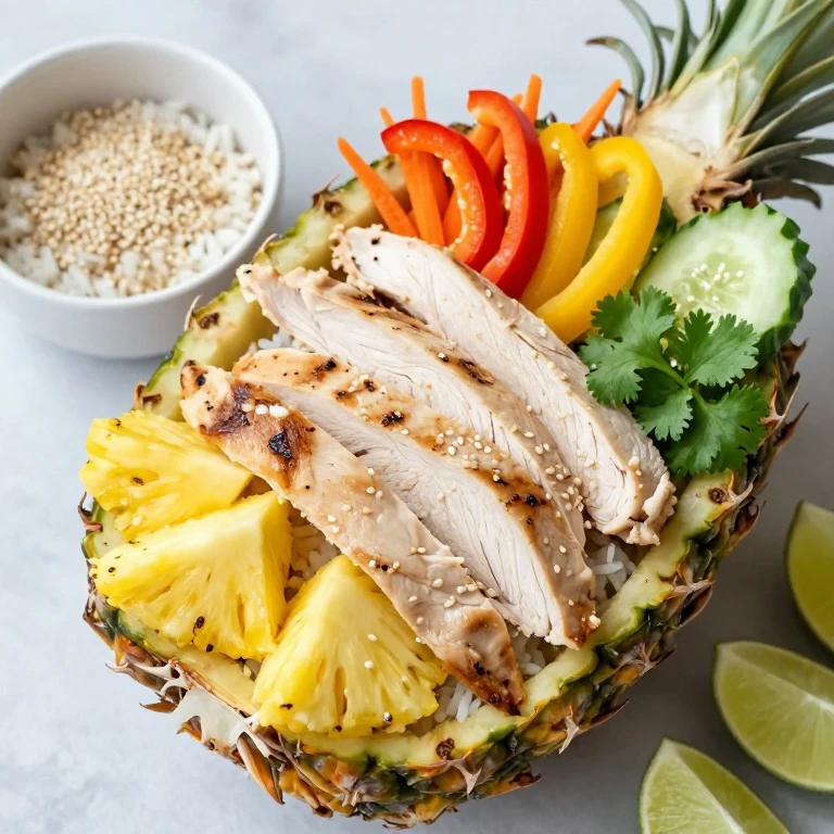 Build-your-own pineapple chicken bowl bar with assorted toppings and jasmine rice base