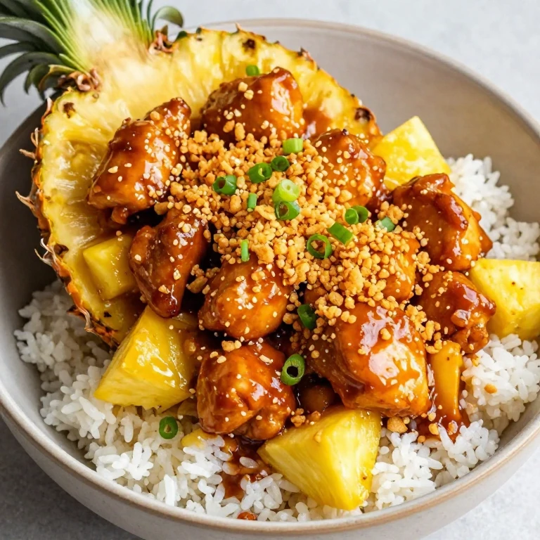 Pineapple chicken with crispy fried onion topping and scallions over jasmine rice