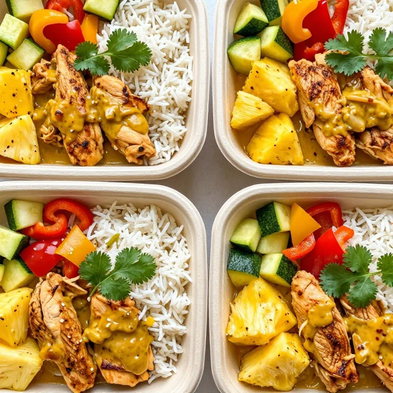 Spiced pineapple chicken meal prep with bell peppers, zucchini, and cilantro over jasmine rice