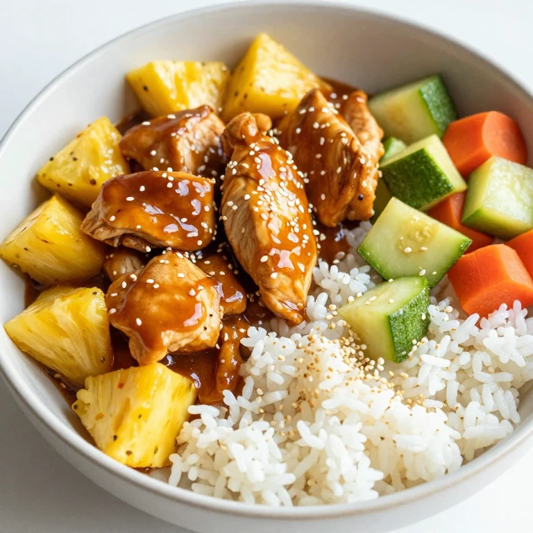 Mild teriyaki pineapple chicken with soft zucchini and carrots over jasmine rice