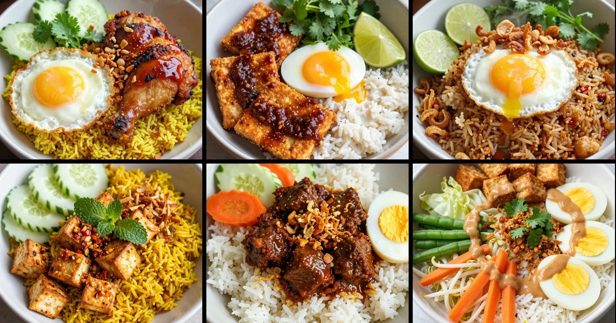 Collage of six Indonesian rice bowls featuring chicken, tempeh, tofu, and beef with various toppings and sauces.