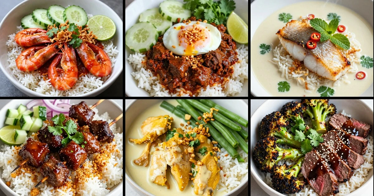 Collage of six Indonesian rice bowls featuring shrimp, beef rendang, fish, satay skewers, turmeric chicken, and lemongrass beef with various vegetables.