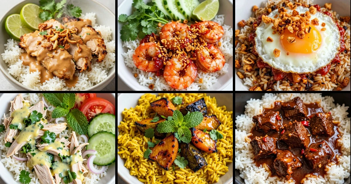 Collage of six Indonesian rice bowl recipes featuring satay, sambal shrimp, fried rice, herb chicken, turmeric rice, and beef rendang.