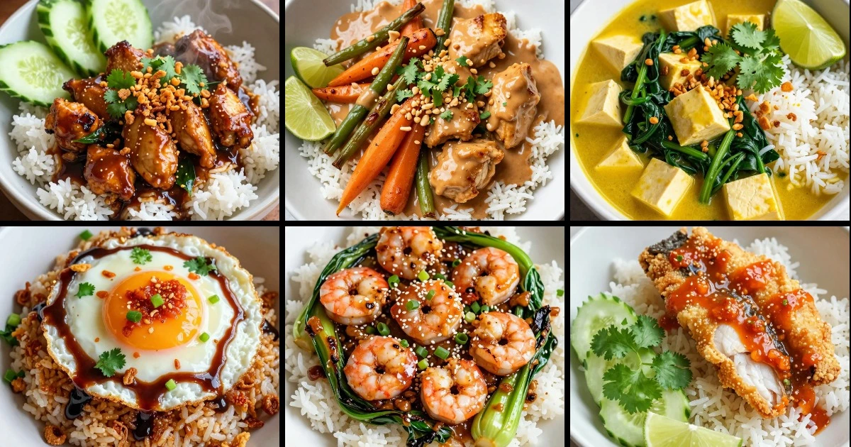 Collage of six Indonesian rice bowl recipes featuring chicken, tofu, shrimp, fish, and eggs with various sauces and vegetables.