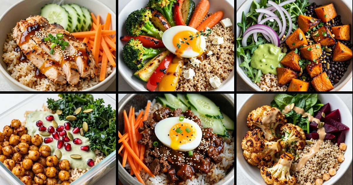 Collage of six healthy rice and grain bowls featuring vegetables, proteins, eggs, seeds, and various dressings.
