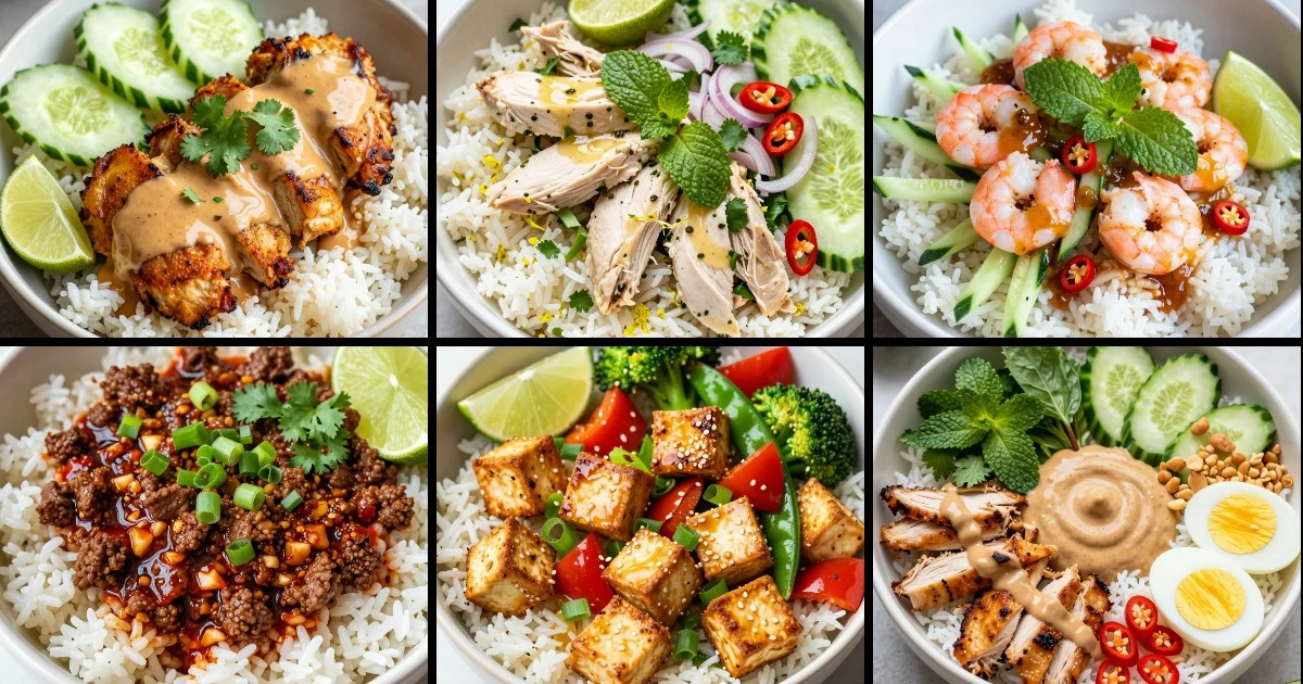 Collage of six Indonesian rice bowls featuring satay chicken, lime chicken, shrimp, ground beef, tofu, and meal prep variations with jasmine rice and fresh herbs.