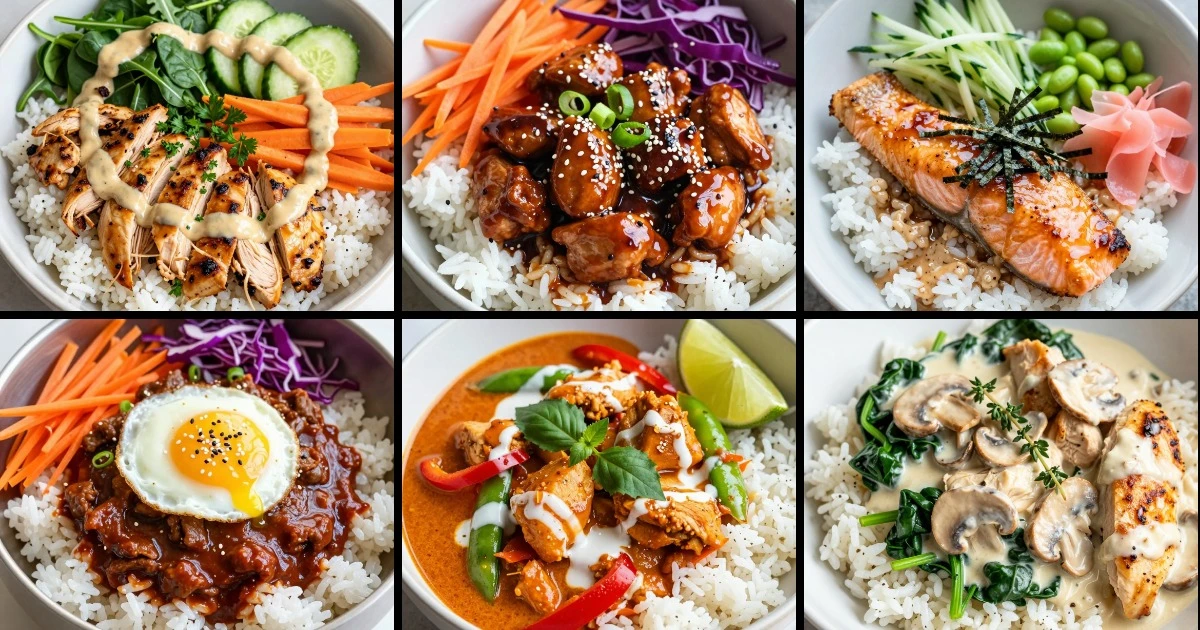 Collage of six simple rice bowls featuring chicken, salmon, and beef with varied vegetables, sauces, and Asian-inspired seasonings.