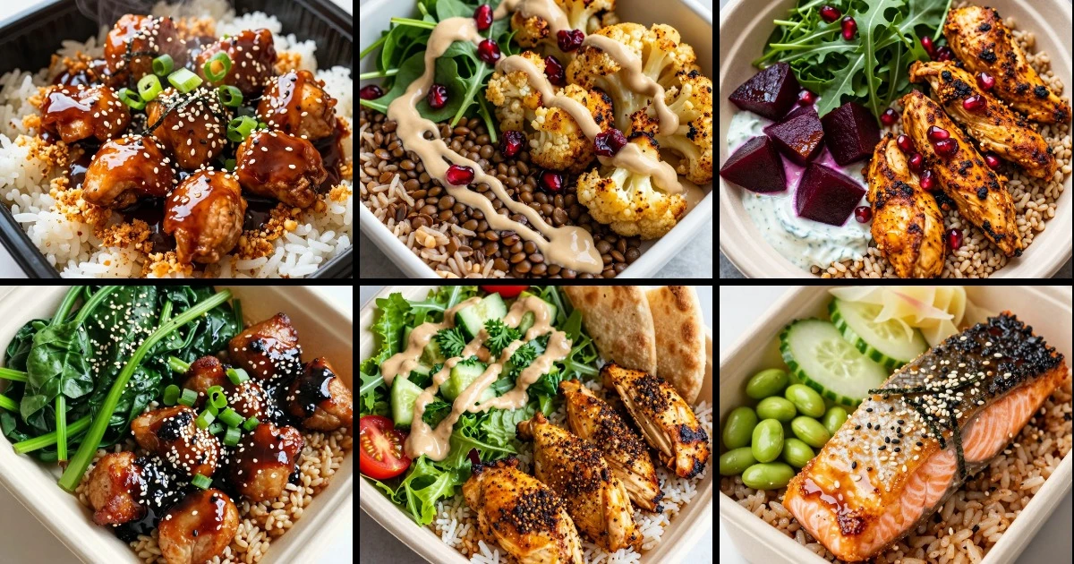 Collage of six diverse rice bowl lunch recipes featuring glazed proteins, roasted vegetables, and various sauce preparations.