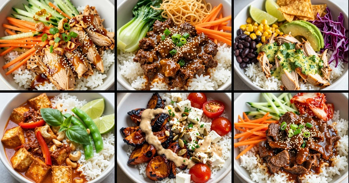 Collage of six simple rice bowls featuring chicken, beef, tofu, and vegetables with various toppings and sauces.
