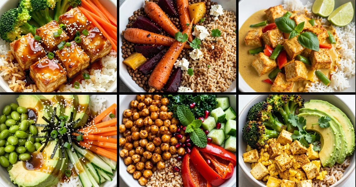 Collage of six vegetarian rice bowls featuring tofu, lentils, chickpeas, and vegetables with various grains and sauces.