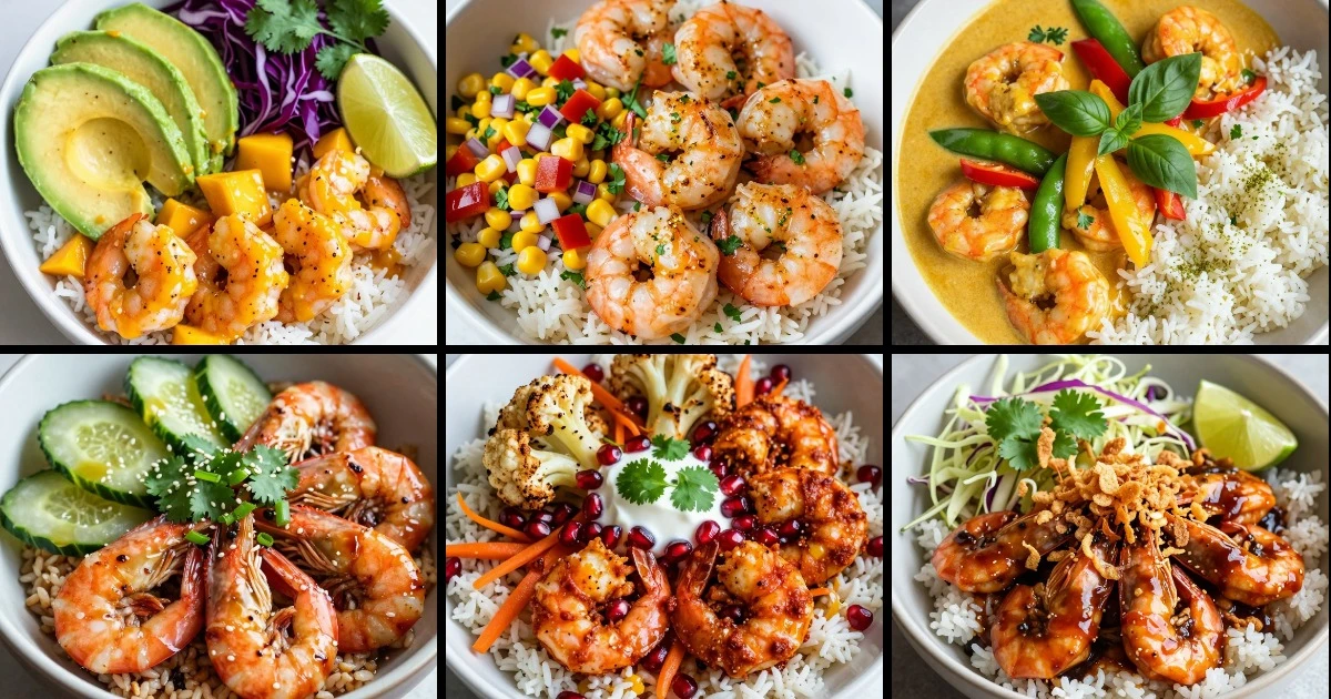 Collage of six shrimp rice bowl recipes featuring varied proteins, vegetables, grains, and global flavor profiles.