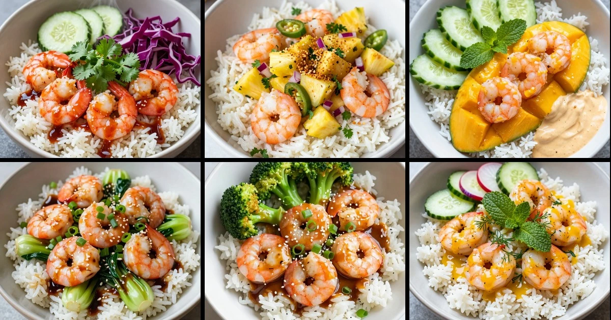 Collage of six shrimp rice bowl recipes featuring varied sauces, vegetables, and garnishes in tropical and Asian styles.