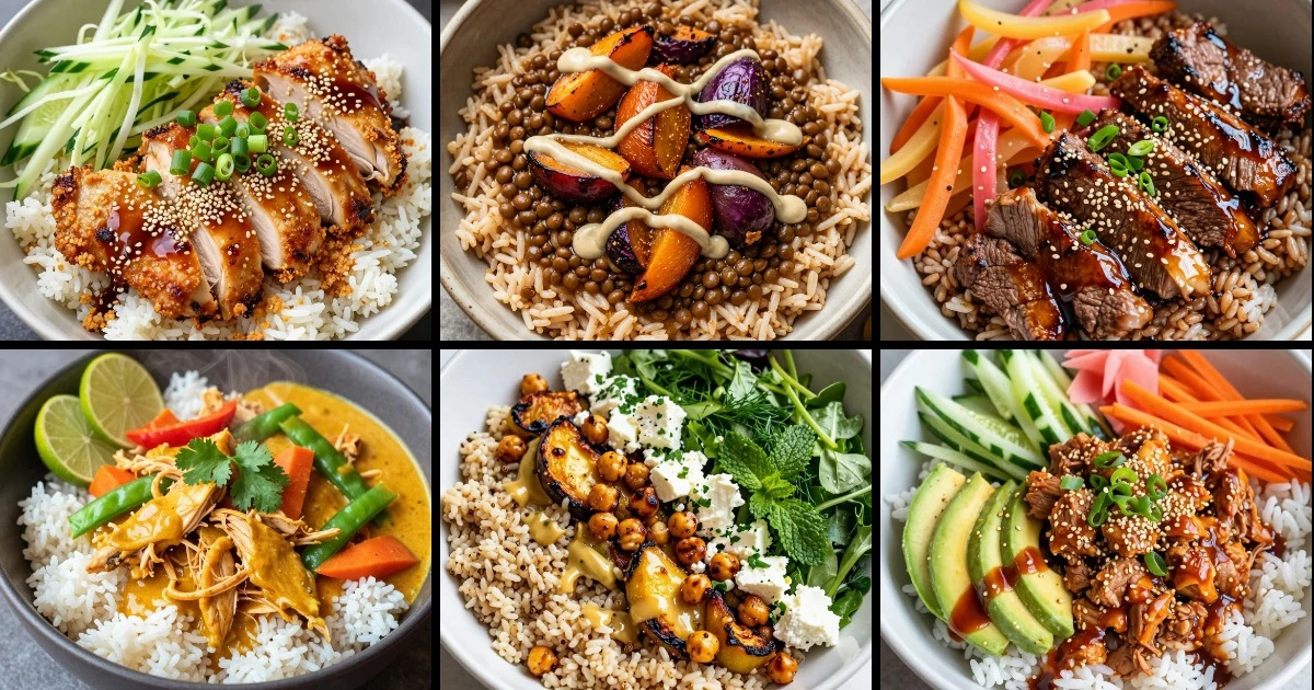 Collage of six gluten-free rice bowls featuring chicken, beef, tuna, lentils, and chickpeas with varied vegetables and toppings.