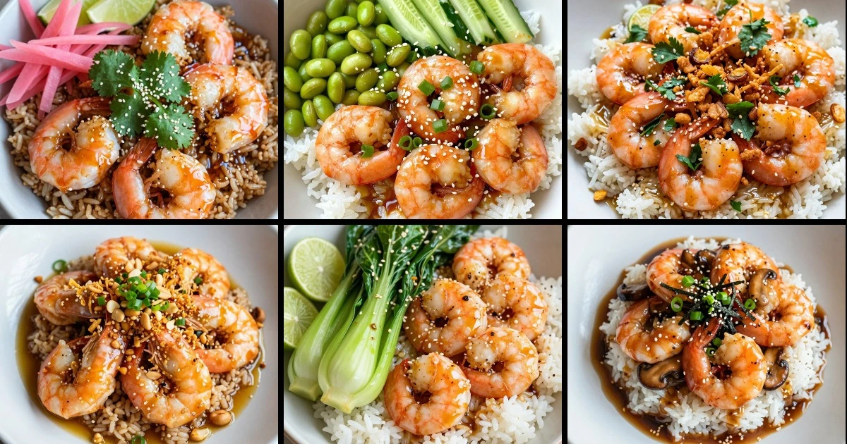 Collage of six miso shrimp rice bowl recipes featuring varied toppings including vegetables, herbs, nuts, and garnishes.