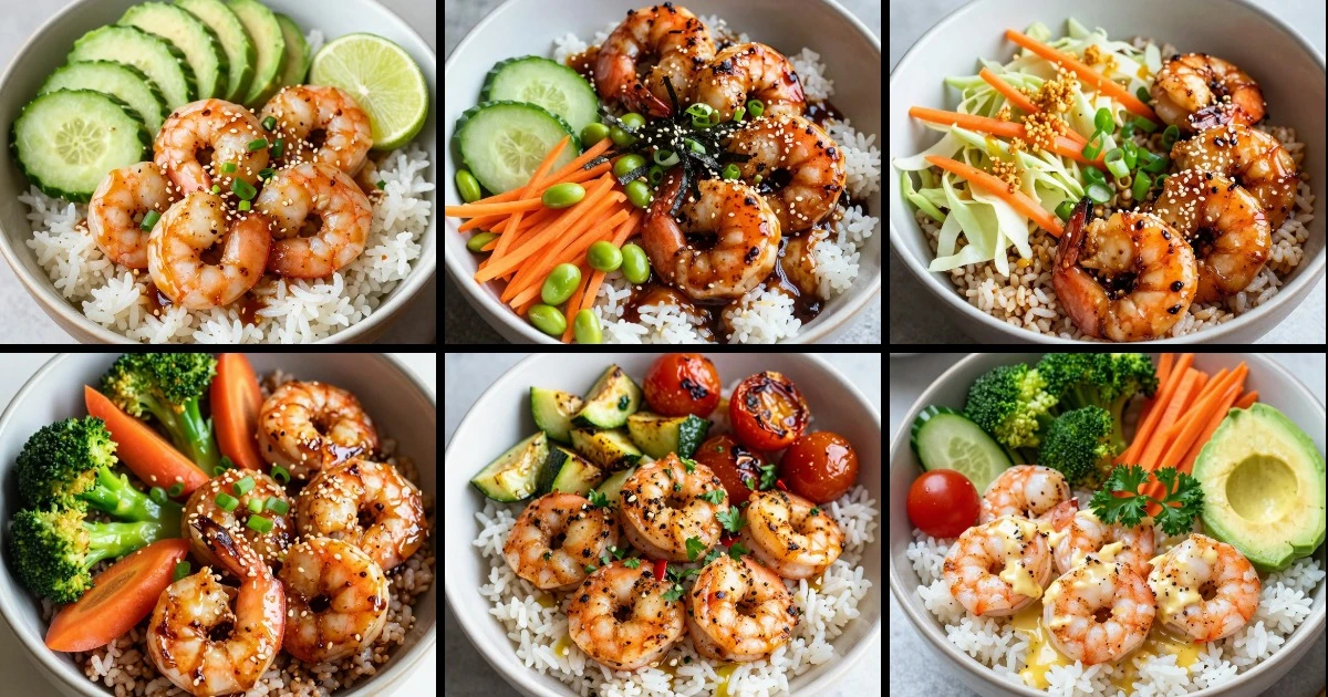 Collage of six shrimp rice bowl recipes featuring various preparations with vegetables, sesame, and Asian-inspired seasonings.