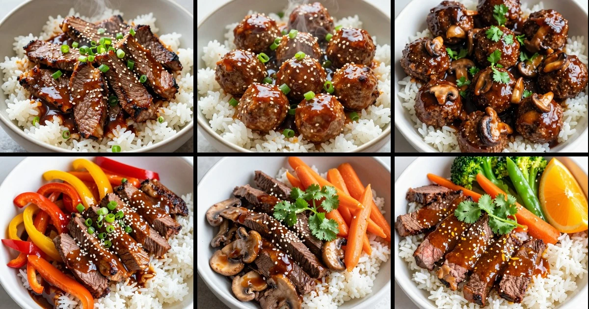 Collage of six teriyaki beef rice bowl variations featuring skillet steak, meatballs, mushrooms, peppers, and citrus-ginger preparations.