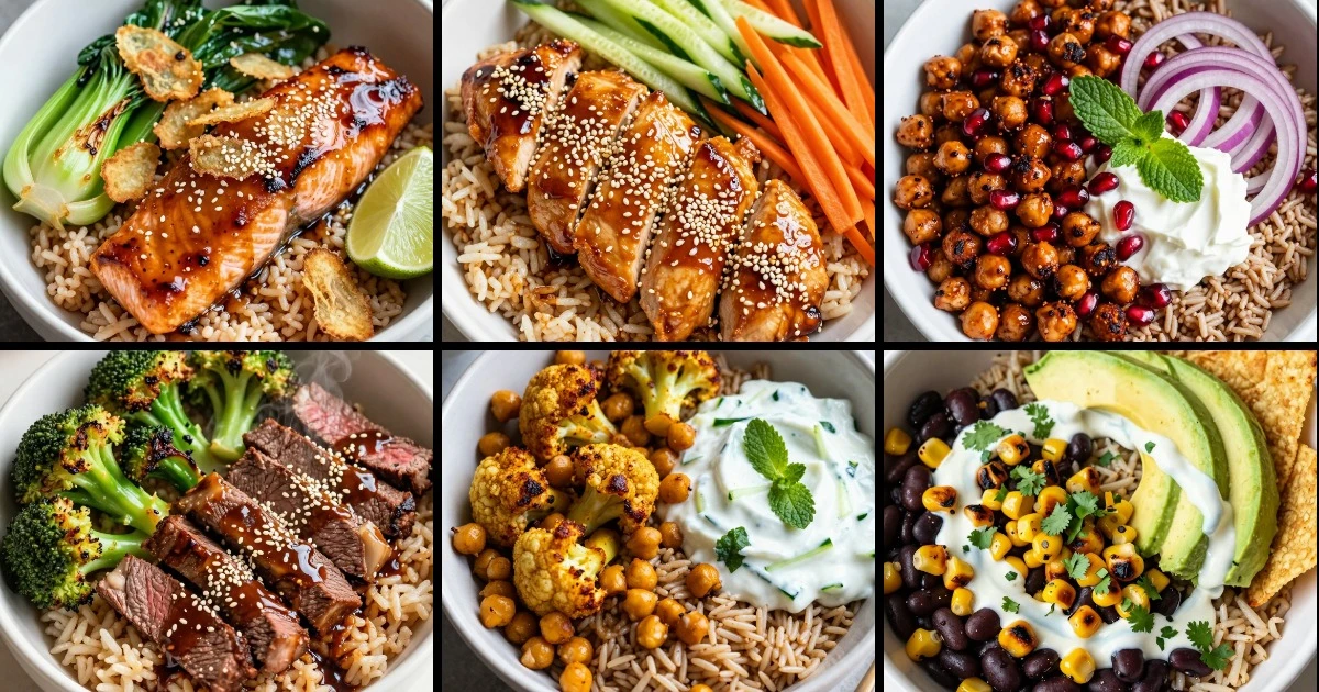 Collage of six brown rice bowls featuring salmon, chicken, chickpeas, beef, and black beans with varied vegetables and toppings.