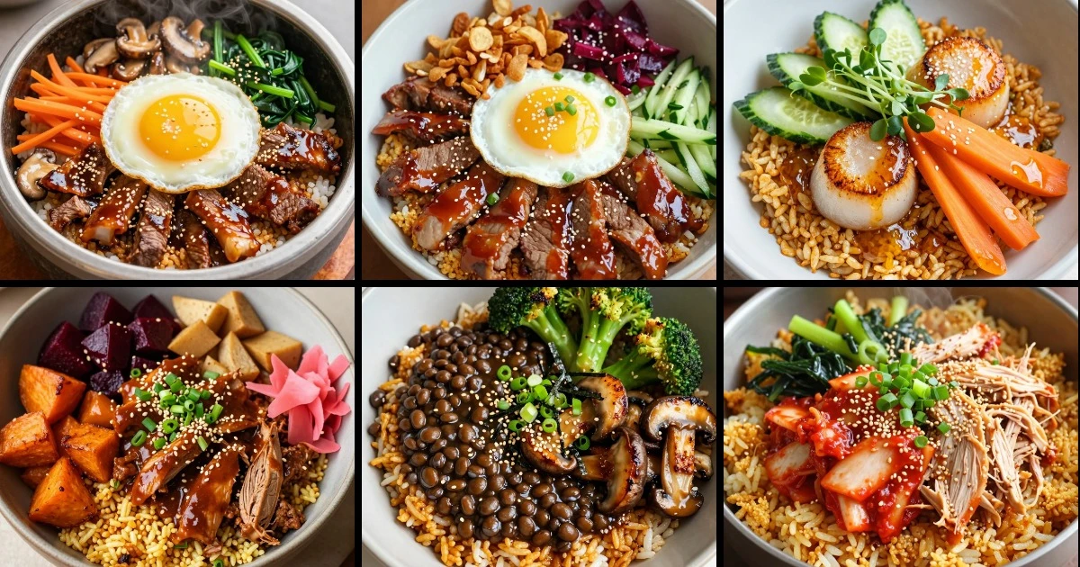 Collage of six Korean bibimbap-style rice bowls featuring beef, pork, scallop, turkey, lentil, and chicken variations with vegetables and sesame.