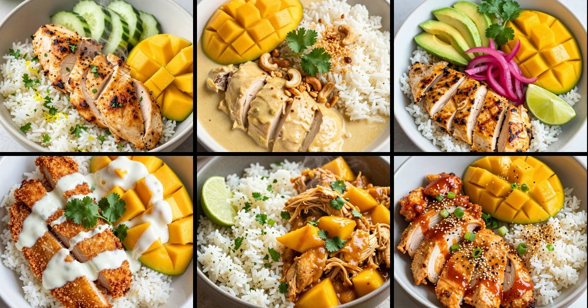 Collage of six mango chicken rice bowl variations featuring grilled, crispy, and slow-cooked preparations with diverse toppings and sauces.