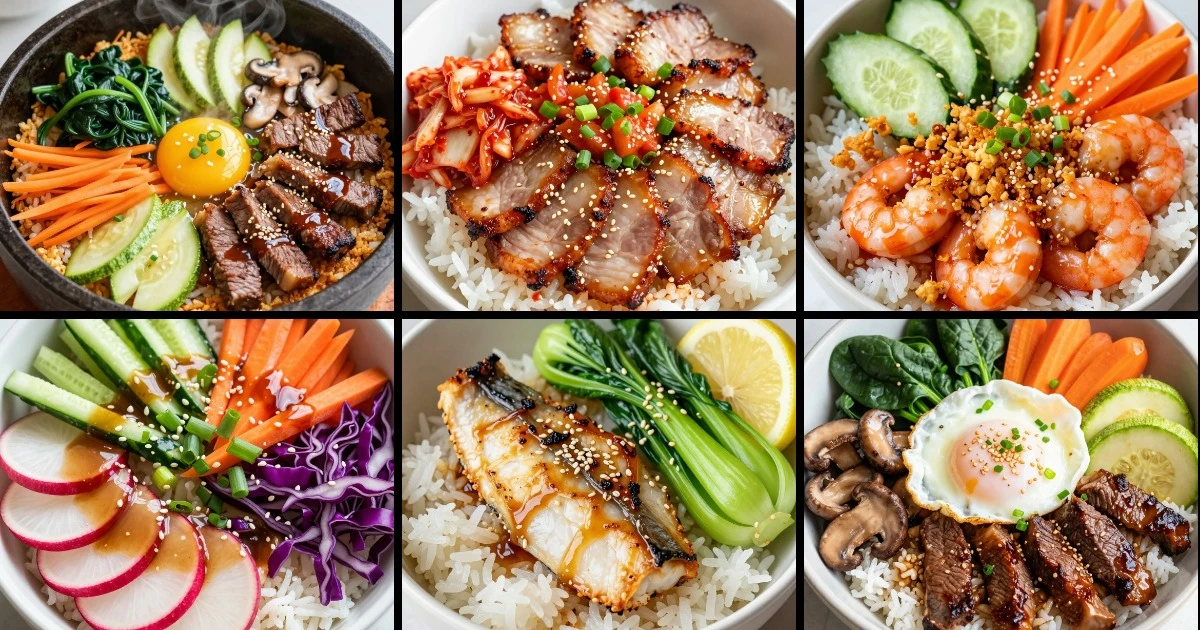 Collage of six Korean rice bowls featuring bibimbap, spicy pork, gochujang shrimp, vegetable salads, grilled fish, and marinated beef with varied toppings.