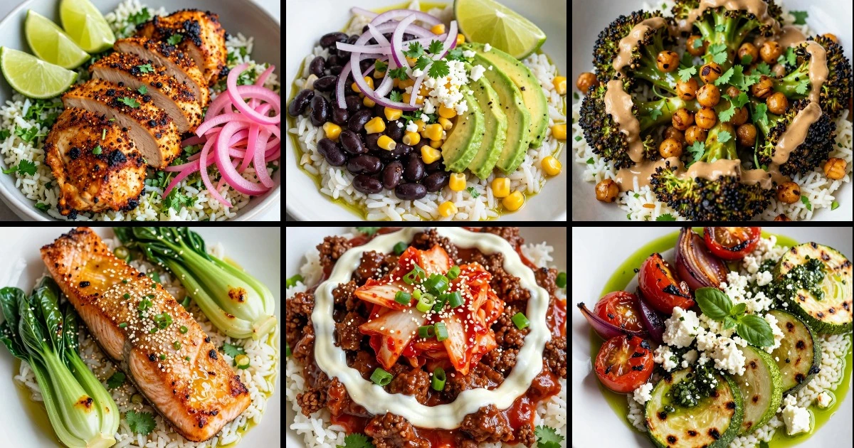 Collage of six cilantro lime rice bowls featuring chicken, salmon, beef, beans, and roasted vegetables with various toppings.