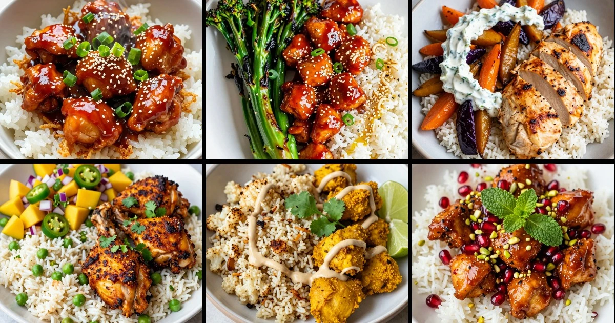 Collage of six spicy chicken rice bowl recipes featuring gochujang, harissa, jerk, and other global spice blends with varied vegetables and toppings.
