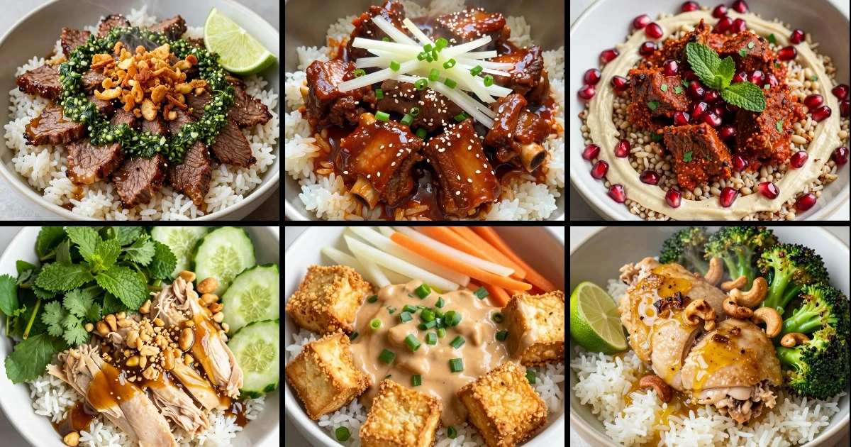Collage of six Asian fusion rice bowls featuring beef, lamb, chicken, and tofu with varied toppings and sauces.