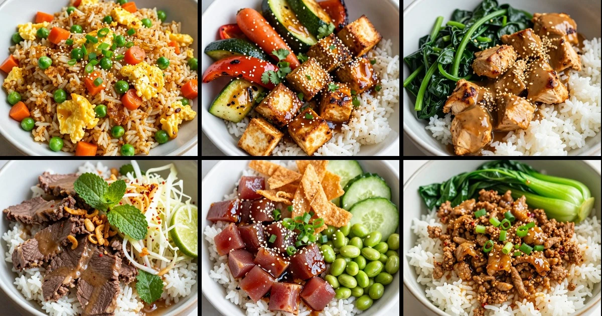 Collage of six leftover rice bowl recipes featuring fried rice, tofu, chicken, beef, tuna, and pork with various vegetables and garnishes.