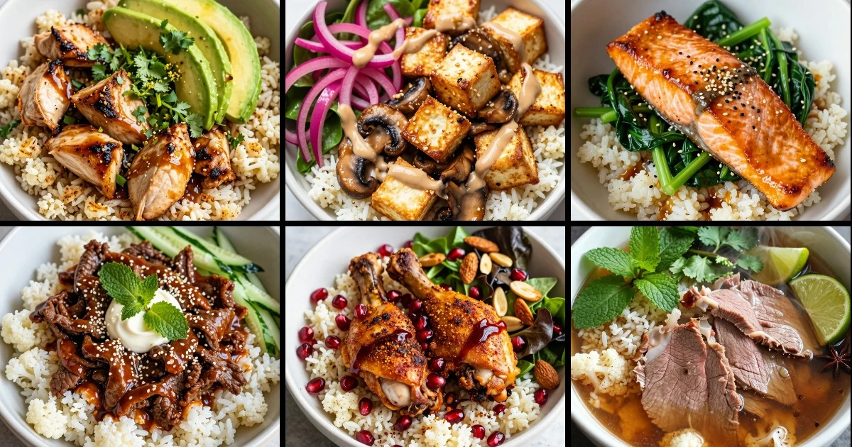 Collage of six low-carb rice bowls featuring chicken, tofu, salmon, and beef with vegetables and various sauces.
