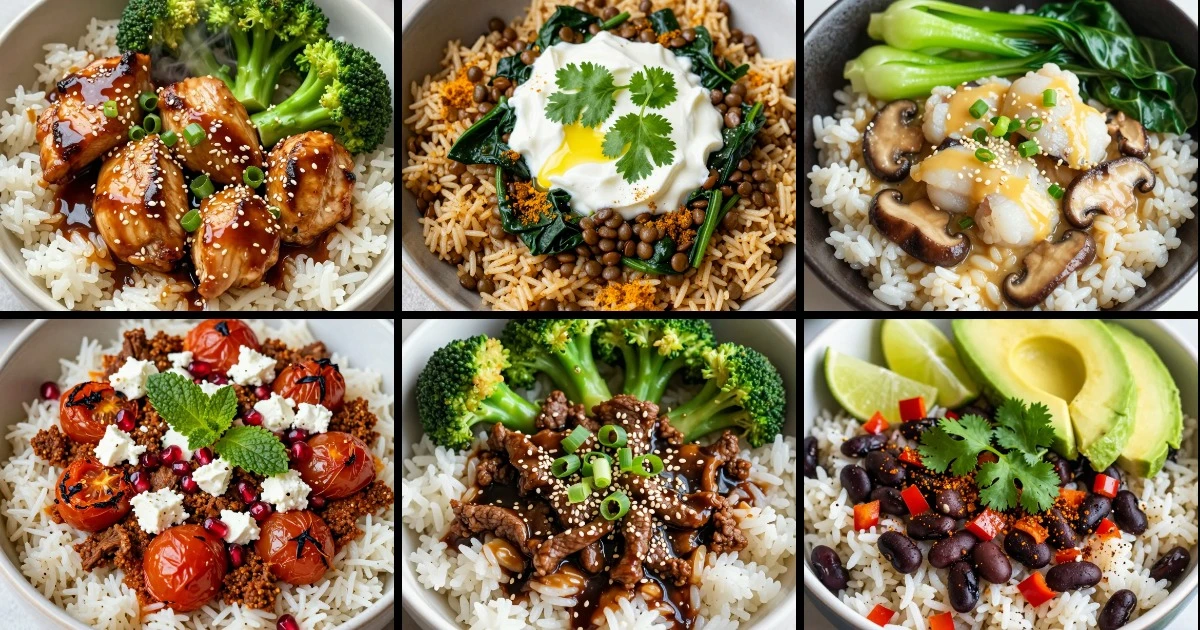 Collage of six one-pot rice bowls featuring teriyaki chicken, lentils, cod, lamb, beef, and black beans with varied vegetables and toppings.