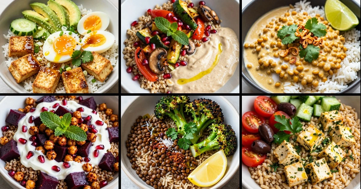 Collage of six vegetarian protein rice bowls featuring tofu, lentils, chickpeas, and farro with roasted vegetables and various sauces.