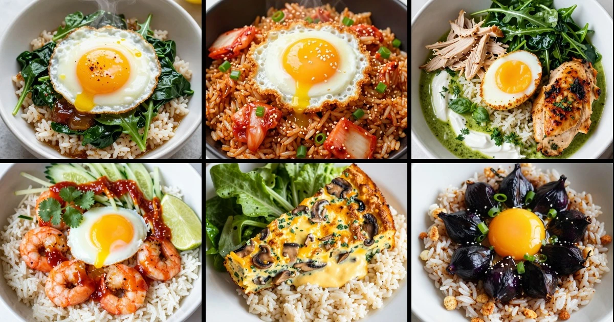 Collage of six breakfast rice bowls featuring eggs, greens, and varied proteins including shrimp, chicken, and mushrooms.