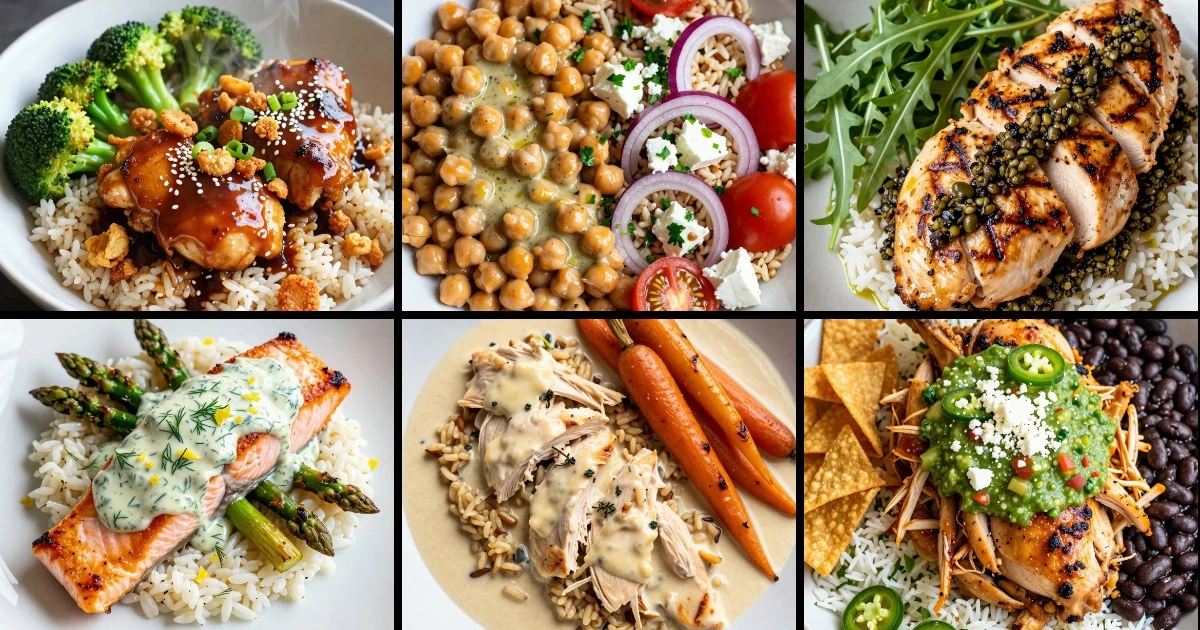 Collage of six lunch box rice bowl recipes featuring chicken, salmon, and chickpea dishes with varied grains and vegetables.