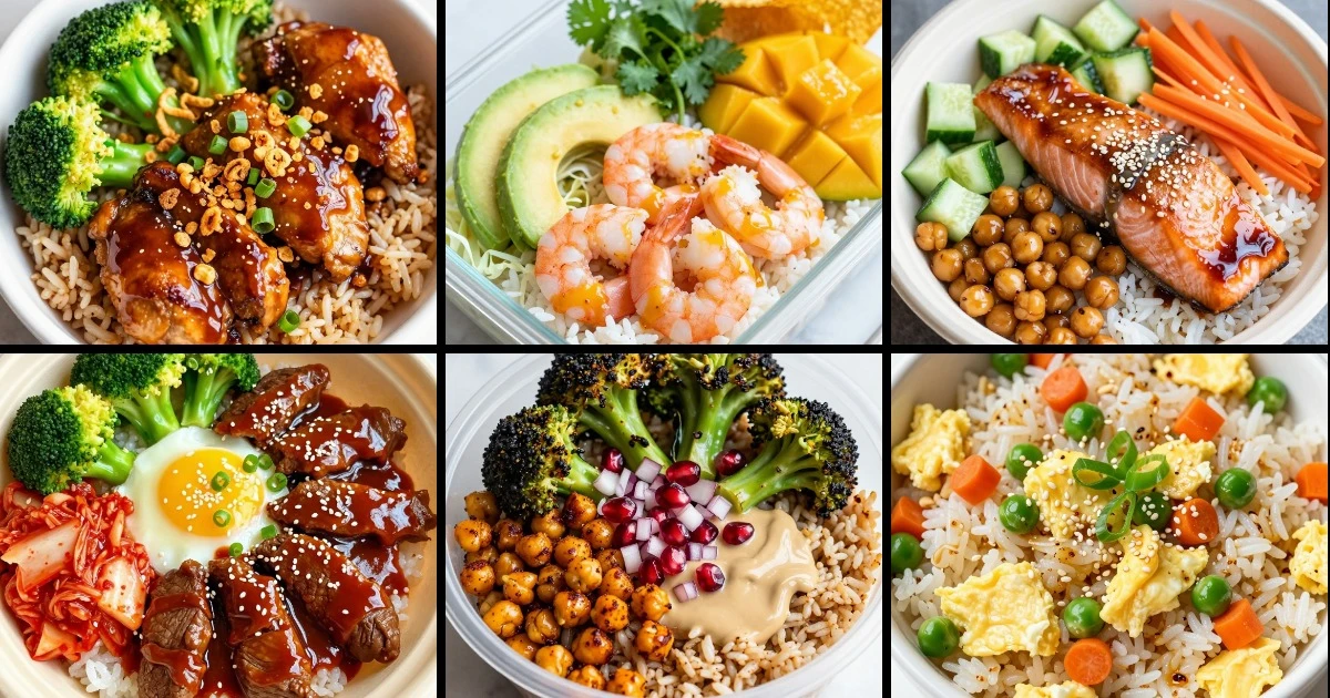 Collage of six rice bowl meal prep recipes featuring chicken, shrimp, salmon, beef, and vegetarian options with various vegetables.