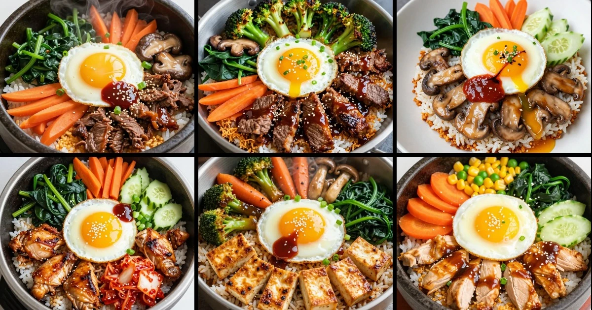 Collage of six Korean stone bowl bibimbap variations featuring beef, chicken, tofu, and vegetables with eggs and gochujang sauce.