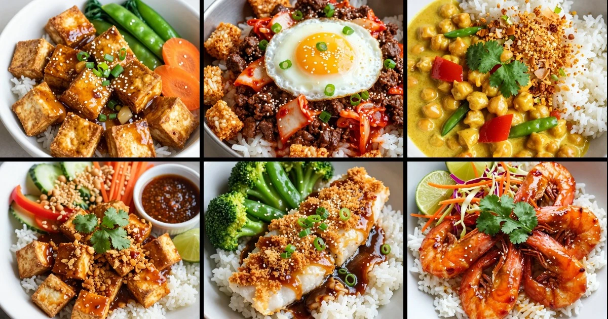 Collage of six quick weeknight rice bowls featuring tofu, beef, chickpea, fish, and shrimp with Asian-inspired sauces and toppings.