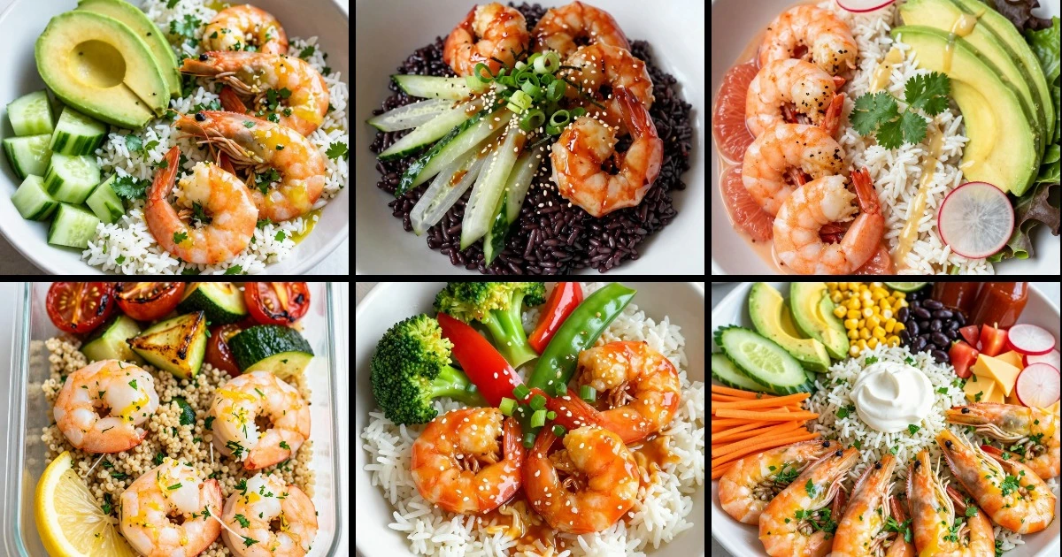 Collage of six citrus shrimp rice bowl recipes featuring lime, yuzu, grapefruit, lemon, and orange preparations with varied grains and vegetables.