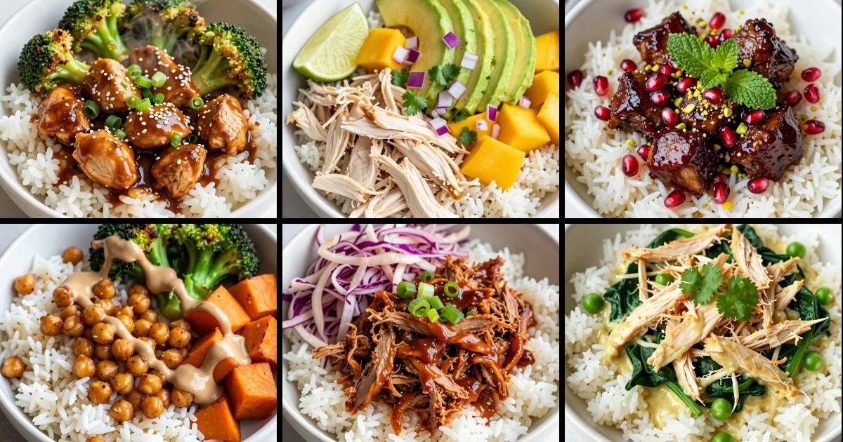Collage of six rice bowl recipes featuring teriyaki chicken, mango chicken, lamb, chickpeas, pulled pork, and coconut curry variations.