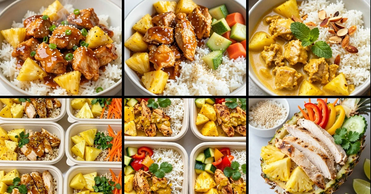 Collage of six pineapple chicken rice bowl recipes featuring varied sauces, vegetables, and toppings over rice bases.