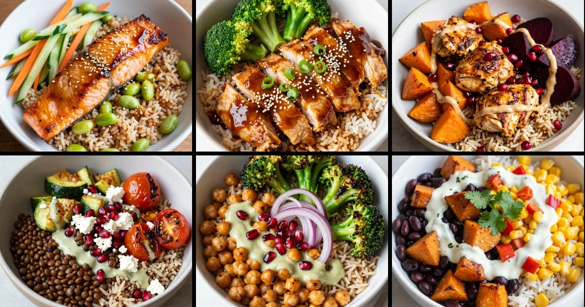 Collage of six protein-packed rice bowls featuring salmon, chicken, lentils, chickpeas, and black beans with varied vegetables and grains.