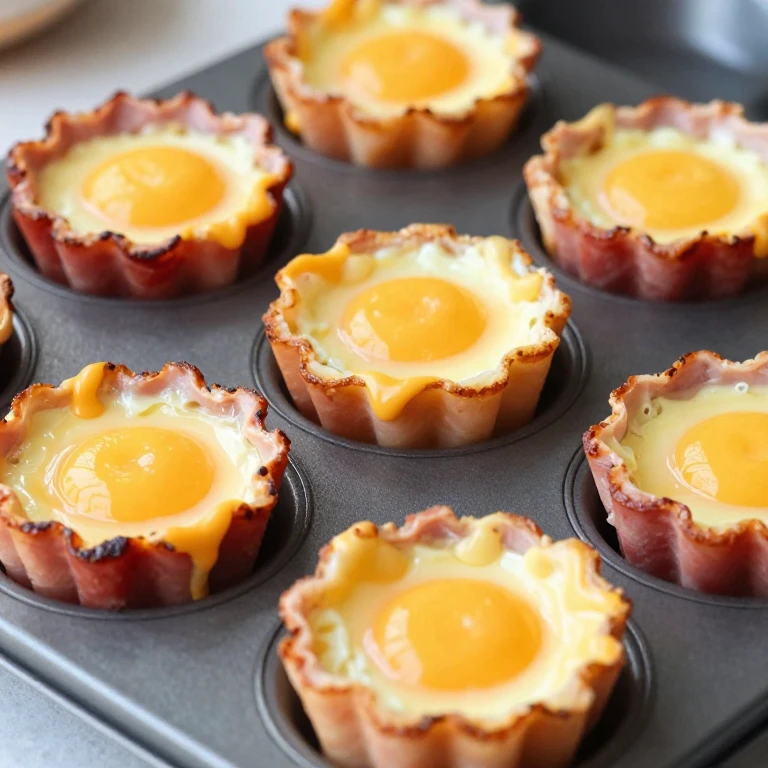 Baked ham cups filled with eggs and melted cheese