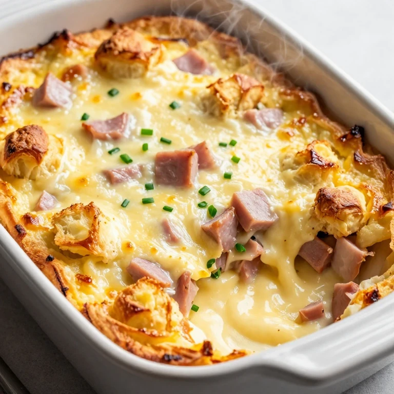 Golden-brown ham and Gruyère croissant egg bake with fresh chives garnish