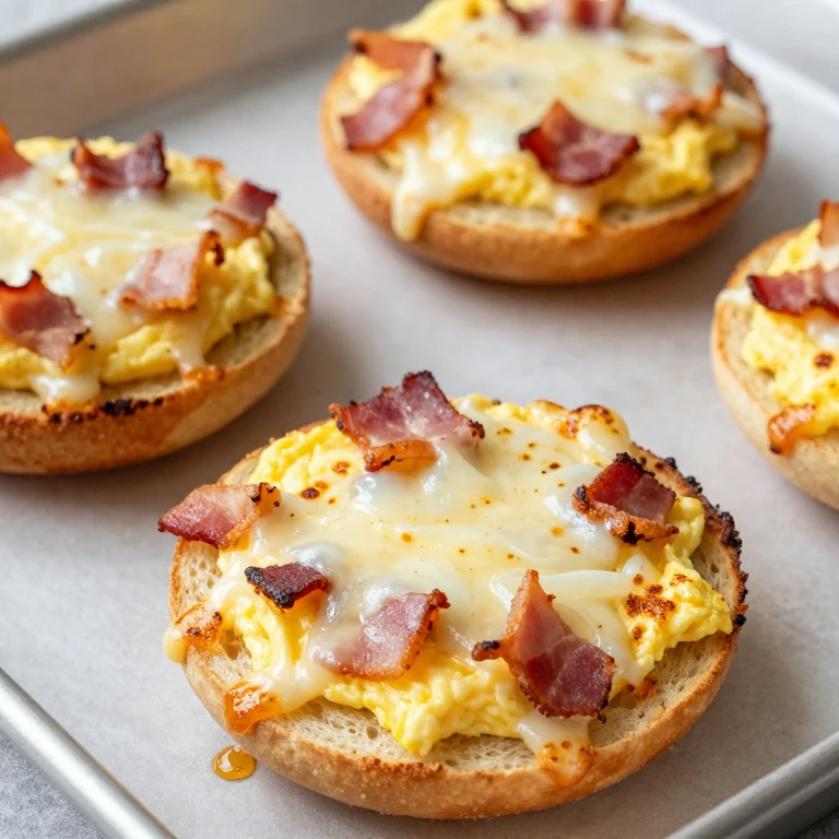 Toasted English muffin pizzas with eggs, cheese, and bacon